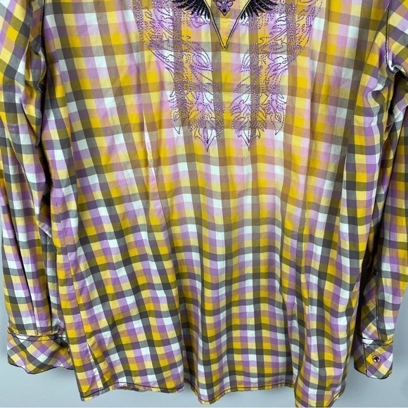 Wrangler Rock 47 Woven Sunbleach Plaid Snap Down Shirt Large Yellow Lilac - Picture 13 of 15